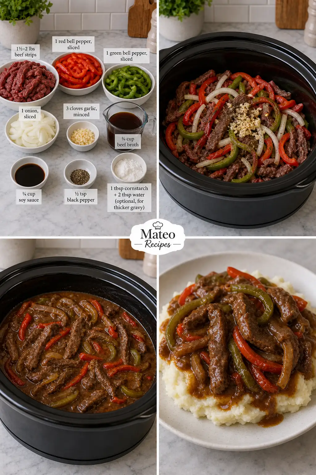 SLOW COOKER BEEF STRIPS WITH PEPPERS & ONIONS