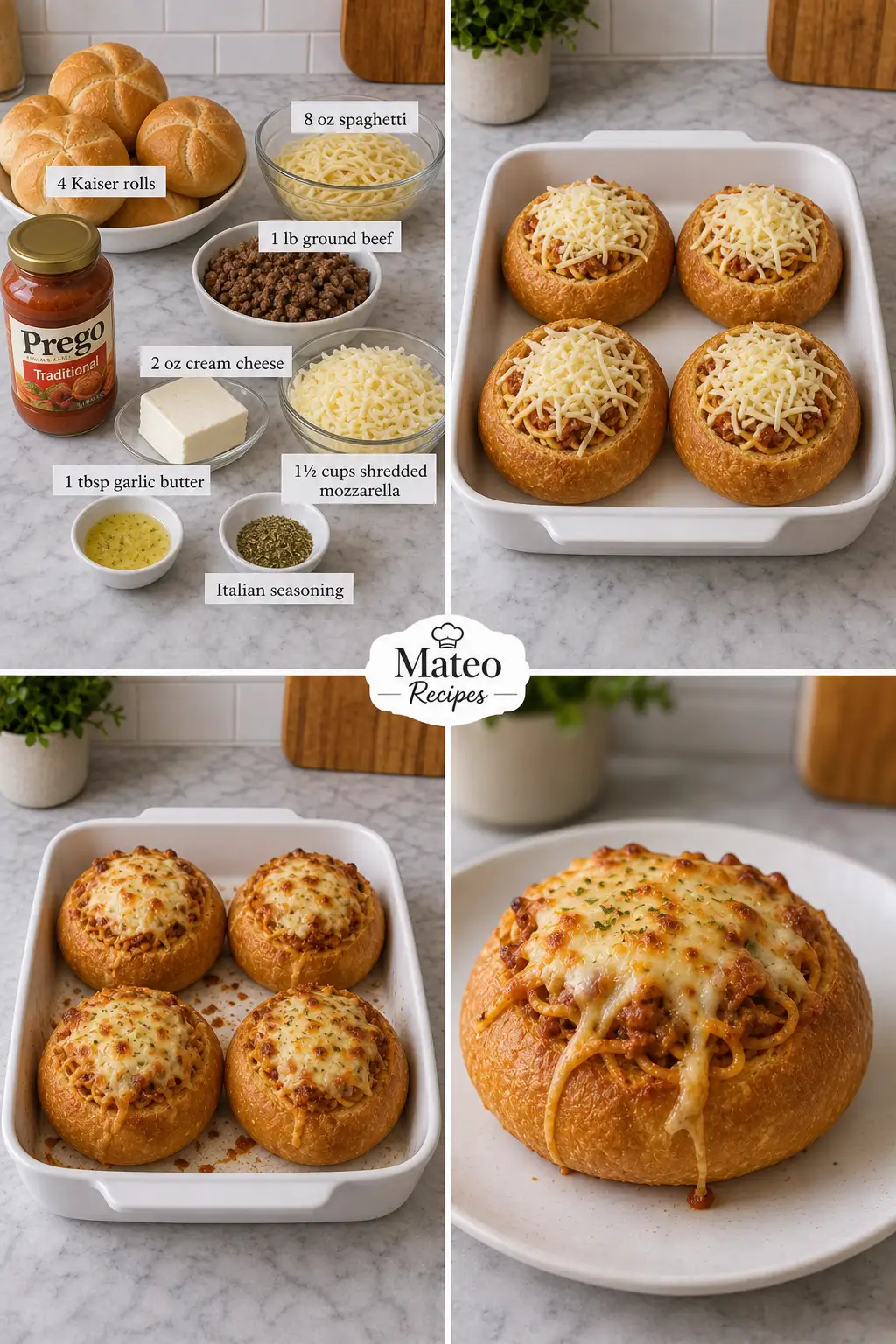 Cheesy Spaghetti Stuffed Bread Bowls